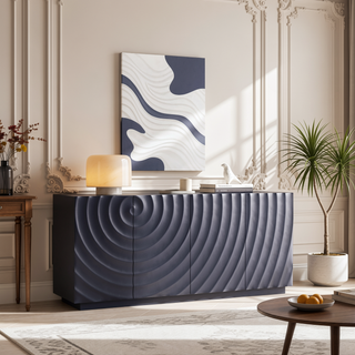 Sunvega Navy Blue 4 Door Buffet Cabinet with 3D Water Ripple Texture for Kitchen
