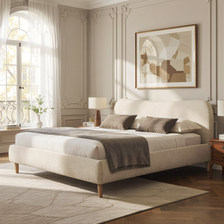 Sunvega King Upholstered Platform Bed with Curved Headboard in Oatmeal Chenille