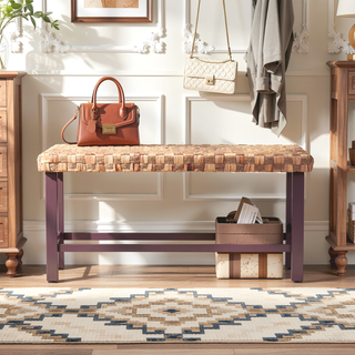 Sunvega Handwoven Seagrass Dining Bench with Cushion and Adjustable Foot Pegs for Farmhouse Kitchen