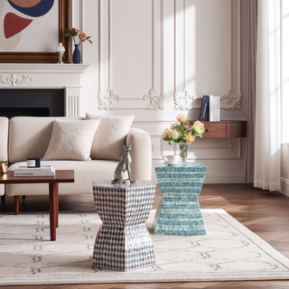 Sunvega Blue Capiz Inlay Tapered Hexagon Accent Stool for Bedrooms