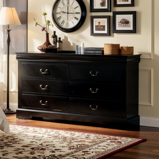 Sunvega Modern Black Dresser with Six Spacious Drawers and Brushed Nickel Handles