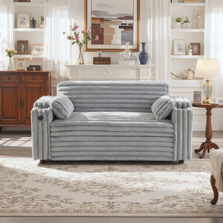 Sunvega Light Grey Corduroy Sofa Bed with Pull Out Bed and USB Charging