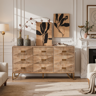 Sunvega Light Wood 6-Drawer Dresser with Geometric Relief and Gold Metal Legs