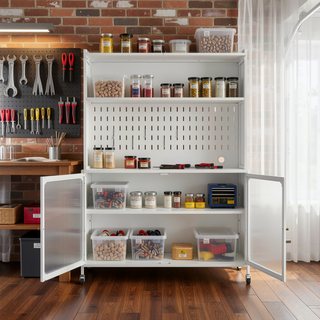 Sunvega Modern Kitchen Pantry Cabinet with Glass Doors and Adjustable Shelves for Living Room