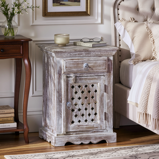 Sunvega Handcrafted Mango Wood Nightstand with Washed Finish Drawer and Cabinet