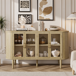 Sunvega Modern Farmhouse Sideboard Cabinet with Glass Doors and Adjustable Shelves for Kitchen Dining Room
