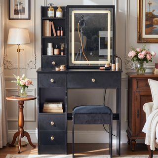 Sunvega Small Size Left Drawer Vanity Table with Cushioned Stool and LED Mirror for Small Spaces