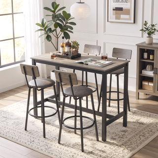Sunvega 4 PU Soft Seat Bar Stools with Backrests and 47.24 Inch Rustic Grey Table Set