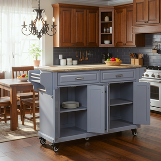 Sunvega Kitchen Cart with Rubber Wood Countertop Storage Cabinet and 2 Drawers