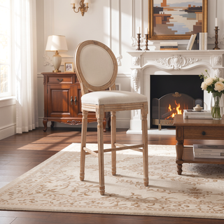 Sunvega French Country Upholstered Barstools with Burlap Fabric and Wooden Legs