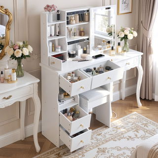 Sunvega Small Size Left Drawer Vanity Table with Cushioned Stool and LED Mirror