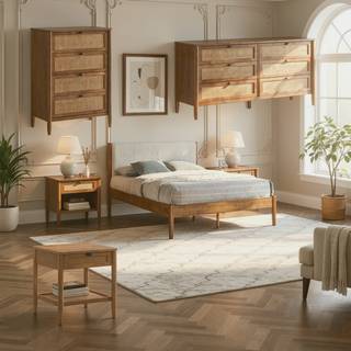 Sunvega 5-Piece Rubberwood Bedroom Set with Queen Bed Dresser Mirror Nightstand Chest