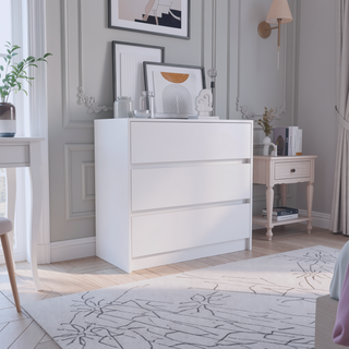 Sunvega 3 Drawer White Chest with Metal Rails for Bedroom Storage