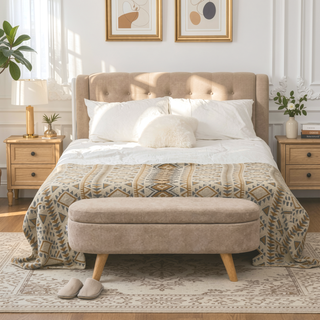 Sunvega 43.3" Teddy Fleece Upholstered Storage Ottoman Bench with Hidden Compartment and Wood Legs