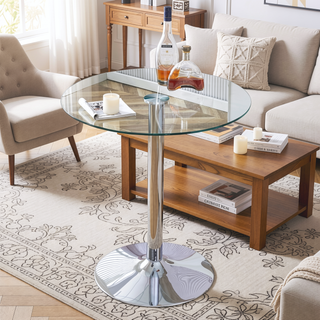 Sunvega Modern Minimalist 35 Inch Round Glass Dining Table with Silver Metal Legs