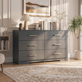 Sunvega White Wooden Six Drawer Cabinet with Golden Handles Large Storage Space