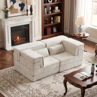 Sunvega Convertible Modular Sectional Mahjong Sofa Bed with Ottoman in Circle Fleece Fabric
