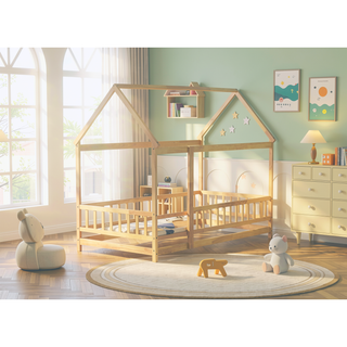 Sunvega Twin Size Wooden Floor Bed with Roof Frame and Safety Guardrails in Grey