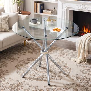 Sunvega Modern Simple Round Clear Glass Dining Table with Gold Metal Legs for 4-6 People