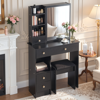Sunvega Small Size Left Drawer Vanity Table with Cushioned Stool and Sliding Mirror
