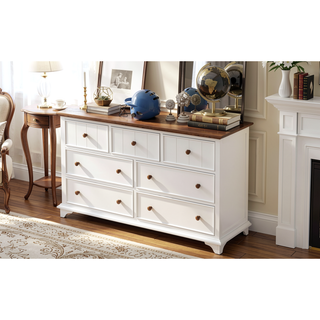 Sunvega Retro White and Walnut Wooden Seven-Drawer Dresser for Bedroom Storage