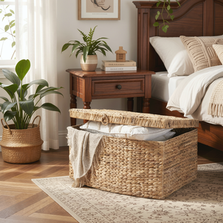 Sunvega Natural Brown Water Hyacinth Woven Storage Trunk with Handles for Organization