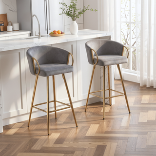Sunvega 30 Inch Set of 2 Velvet Bar Stools with Chrome Footrest and Golden Leg