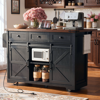Sunvega Farmhouse Kitchen Island with Power Outlet Sliding Barn Doors and Drop Leaf