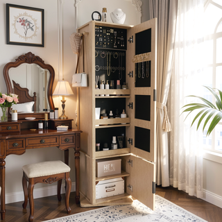 Sunvega 360-Degree Rotating Makeup Jewelry Cabinet with Full-Length Mirror and Coat Rack