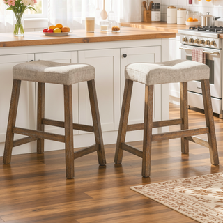 Sunvega Distressed Wooden Farmhouse Barstools with Faux Leather Seat, Counter-Height