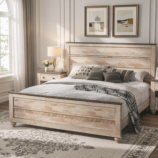 Sunvega White Wash Finish Queen Bed and Two Nightstands with Antique Walnut Trim