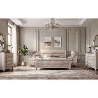 Sunvega Contemporary White Wash Queen Bedroom Set with Dresser Mirror Nightstands Chest
