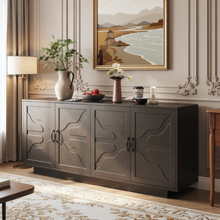 Sunvega Farmhouse Sideboard Buffet Cabinet with XL Storage and Built-In Stemware Rack