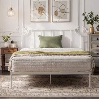 Sunvega Solid Metal Platform Bed with Rectangular Headboard and Scooped Corners, King, White