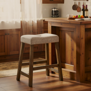 Sunvega Distressed Wooden Farmhouse Barstools with Faux Leather Seat, Counter-Height