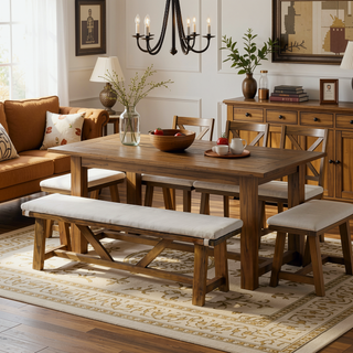 Sunvega Modern Upholstery Bench with Cushion and Rustic Style Trestle Base