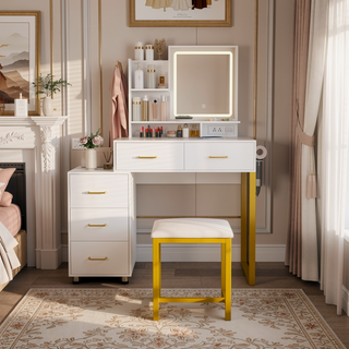 Sunvega White Makeup Vanity Table with LED Lights Power Outlet and 2 Drawers