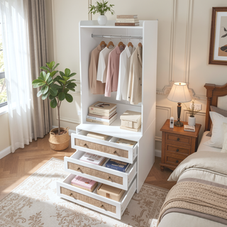 Sunvega White Rattan Wardrobe Armoire with 3 Drawers and Anti-Tip for Bedroom