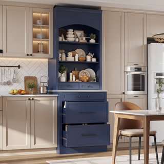 Sunvega Freestanding Tall Kitchen Pantry Cabinet with Faux Marble Top and 5 Storage Drawers