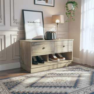 Sunvega Light Oak Storage Bench with Two Drawers and Two Open Shelves