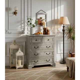 Sunvega Vintage Farmhouse Dresser with 5 Drawers and Antique White Finish