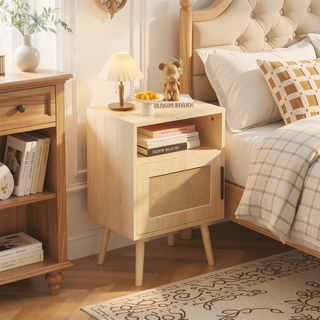 Sunvega Rattan Nightstand with Cane Decor Door and Open Shelf for Bedroom