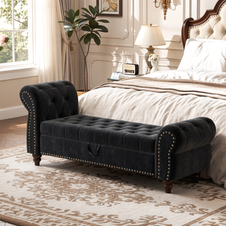 Sunvega Tufted Velvet Upholstered Bed Bench with Storage and High Backrest Chaise Lounge