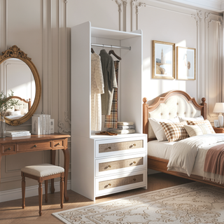 Sunvega White Rattan Wardrobe Armoire with 3 Drawers and Anti-Tip for Bedroom