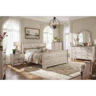 Sunvega White Wash Finish King Sleigh Bed Dresser Mirror Nightstands and Chest
