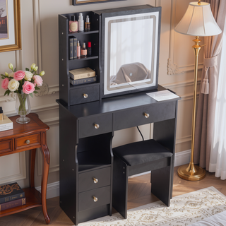 Sunvega Small Space Vanity Table with Cushioned Stool and Extra Large Sliding Mirror