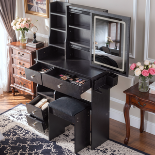 Sunvega Small Size Left Drawer Vanity Table with Adjustable LED Mirror and Stool