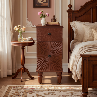 Sunvega Modern Walnut Finish Narrow Side Table with 2 Drawers for Bedroom Living Room