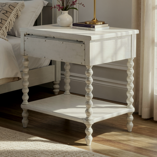 Sunvega Antique Cream Nightstand with Turned Legs and Natural Whitewash Look