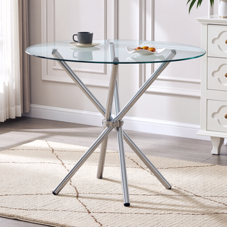 Sunvega Modern Simple Round Clear Glass Dining Table with Gold Metal Legs for 4-6 People